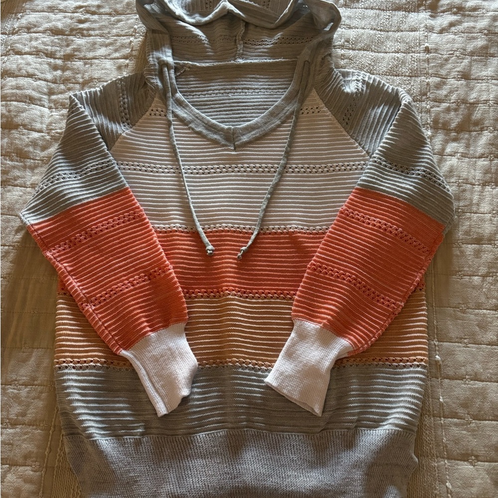 Striped Hooded Sweater in Gray, White, and Coral
